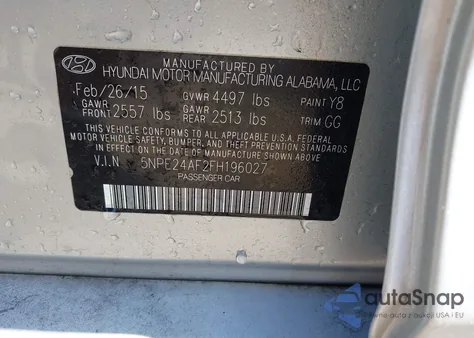 2015 Hyundai Sonata Se из США, поврежденный, VIN 5NPE24AF2FH196027